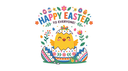 Naklejka premium Cute cartoon chick hatching from decorated Easter egg with spring flowers and festive greeting vector illustration