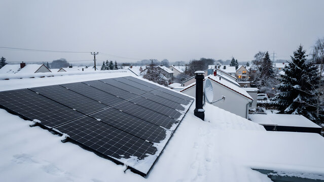 Solar panels covered with snow on a residential rooftop in winter