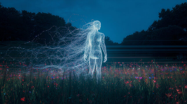 Glowing wireframe human figure standing in a field at night