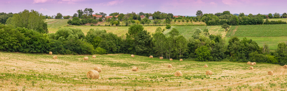 Wide panoramic sweep of rolled hay bales scattered across a harvested field, with a green hillside village beyond. Rural Europe concept.