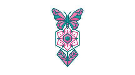 Obraz premium A vibrant geometric design featuring a butterfly, a stylized flower, and leaves in pink and teal colors, arranged vertically on a white background.