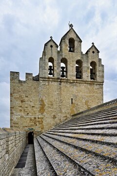 Bell tower of the Notre-Dame-de-la-Mer Roman Catholic Church, Saintes-Maries-de-la-Mer, Camargue, southern France, France