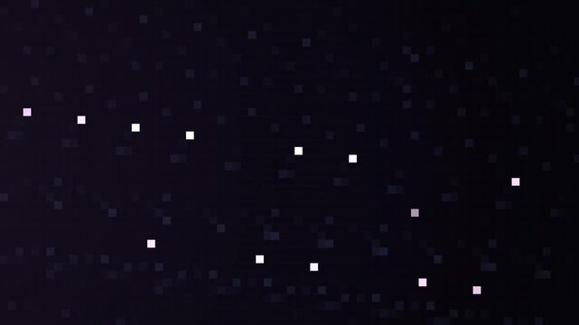 Abstract digital background, with floating purple, pixel particles and, glowing data network, motion d