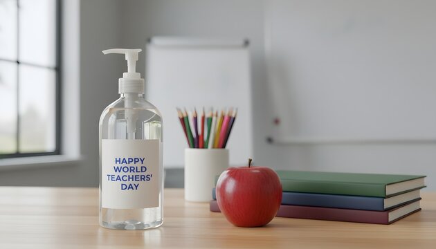 Clear pump bottle of hand sanitizer on teachers desk with a red apple, pencils and stacked books in modern bright classroom for world teachers day celebration concept