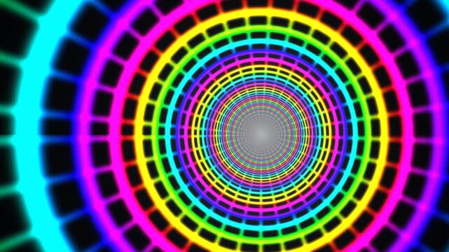 Neon rainbow grid tunnel motion background: hypnotic pulsing circles for digital and vj loops desi