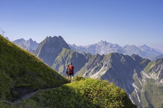Mountain panorama from Laufbacher-Eckweg to H&ouml;fats 2259m, and Allg&auml;u main ridge with Trettachspitze 2595m, M&auml;delegabel 2645m, Bockkarkopf 2609m and Hochfrottspitze 2649m, Allg&auml;u Alps, Bavaria, Germany