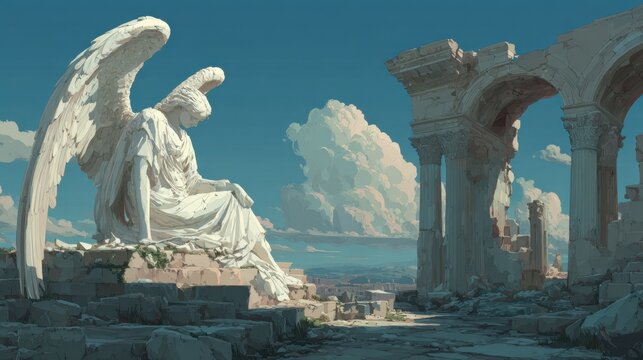 Serene Angelic Statue Amidst Ancient Ruins and Blue Sky