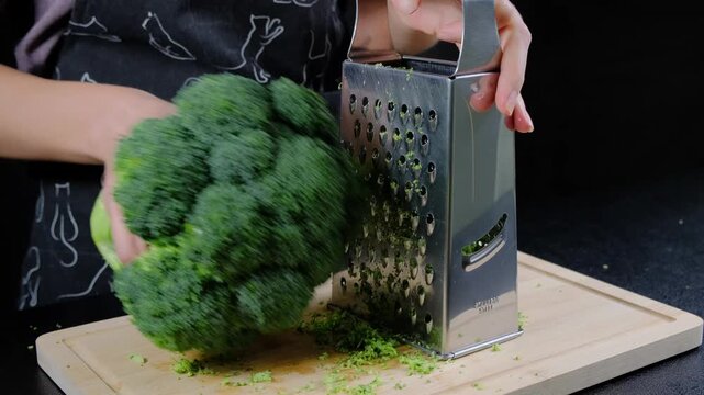 Hands in apron chop fresh broccoli using a metal food chopper on a wooden cutting board in a Cooking kitchen.