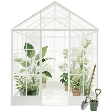 Watercolor greenhouse with botanical plants and gardening tools vector illustration