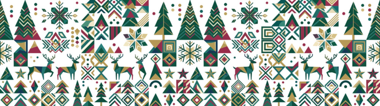 Geometric winter pattern with reindeer and festive trees
