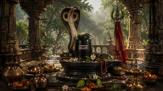Nag panchami temple ritual with sacred cobra guarding shiv lingam beside trident bells brass vessels flowers incense leaves and warm forest sunlight