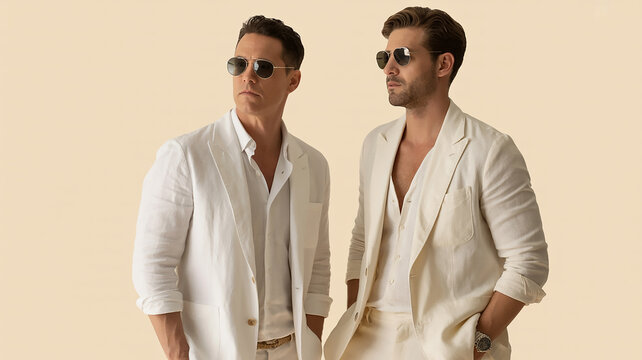 Two men in white linen suits and sunglasses looking in different directions