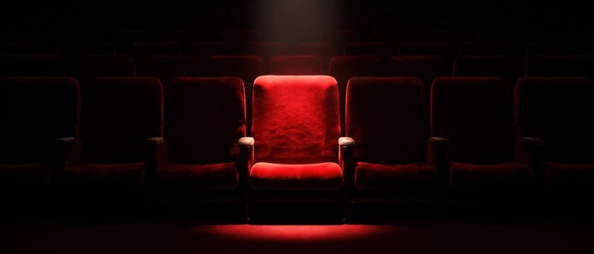 Spotlight on an Empty Red Seat in a Dark Theater or Cinema.
