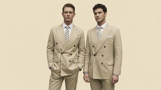 Two stylish men in matching light tan double-breasted suits and white shirts posing confidently
