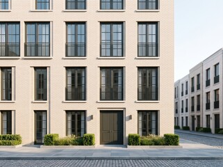 Naklejka premium White brick apartment facade with black windows and planters