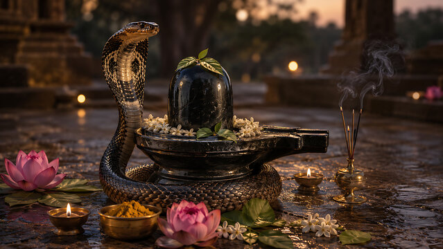 Serene nag panchami ritual with cobra coiled around shiv lingam among lotus flowers incense smoke diyas and sacred offerings at dusk temple