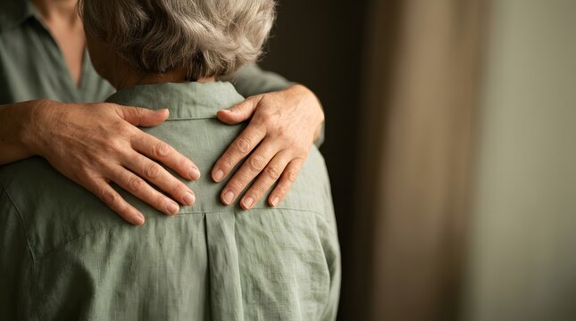 Close up of hands hugging a senior woman for comfort and support