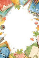 Fototapeta premium Hand Painted Back to School Background with Classroom Stationery and Autumn Leaves