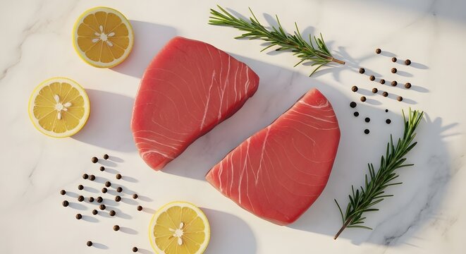 Two fresh raw ahi tuna steaks displayed beautifully on a white marble surface garnished with vibrant lemon slices, fresh green rosemary sprigs, and scattered peppercorns