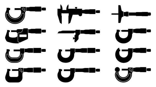 Micrometer And Caliper Silhouette Set Vector Illustration Of Precision Measuring Tools