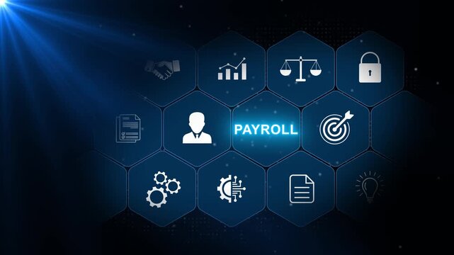 Payroll Management Workflow with Business Service Icons in Connected Hexagonal Interface on Dark Blue Technology Background Design