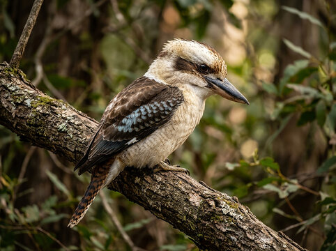 Laughing kookaburra bird perched on a mossy tree branch in the australian forest