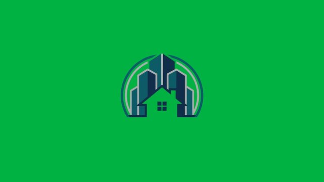 Abstract animated logo of a house integrated with modern city buildings, centered on a green background.