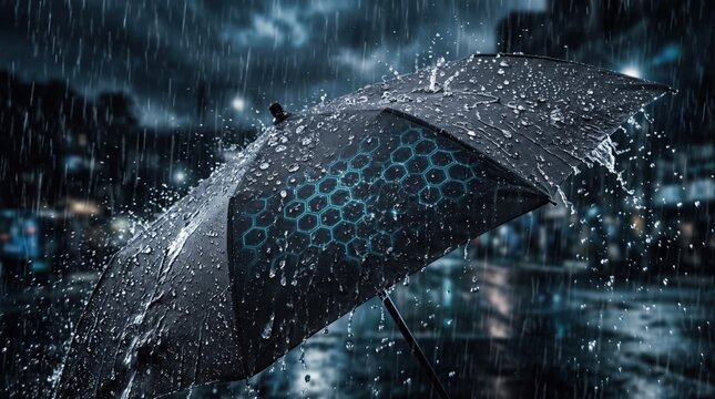 Black umbrella with glowing blue honeycomb pattern under heavy rain at dark stormy night.