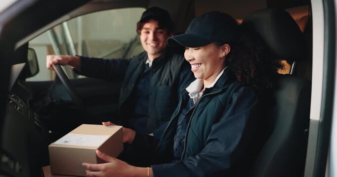 Courier, team or high five with boxes in van for delivery target, order fulfillment or productivity. Transport, happy people or celebration for supply chain success, package dispatch or job well done