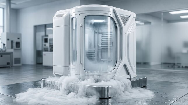 Cryogenic storage chamber in modern laboratory facility with cold vapor flowing on floor.