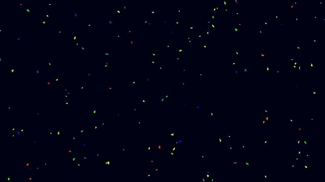 Colorful particles floating in deep space against a dark background, creating a futuristic cosmic atmosphere with a digital and sci-fi aesthetic.