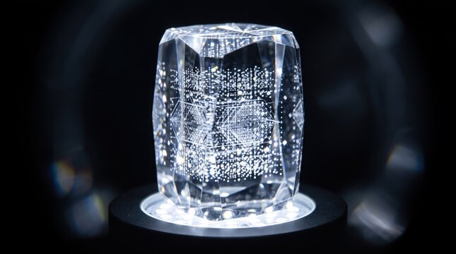 Crystal glass cube with intricate laser engraved geometric patterns on lighted pedestal.