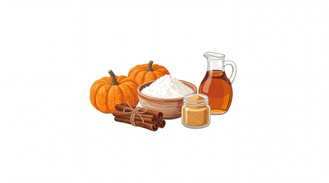 Rustic baking ingredients including pumpkins cinnamon flour and syrup isolated on white