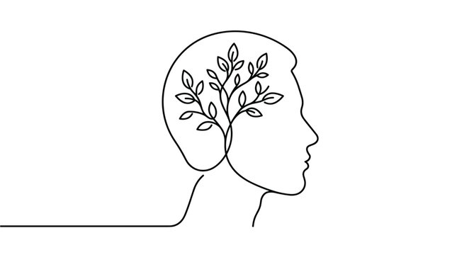 Continuous line art illustration of human head profile with organic tree branches leaves