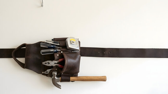 Brown leather tool belt with hand tools hanging on a white wall. Carpenter equipment including hammer and screwdrivers. Copy space for text