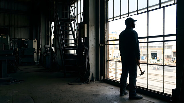 Silhouette of a male worker holding a hammer looking out a factory window. Industrial manufacturing plant interior. Manual labor concept