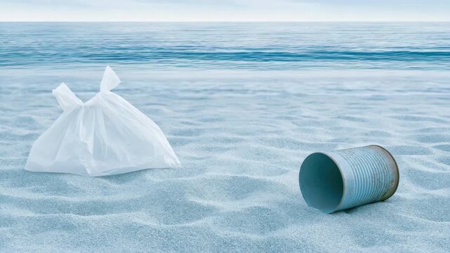 Panning tracking shot of plastic bag and tin can resting on sandy beach shore with calm ocean background during overcast daytime environmental scene