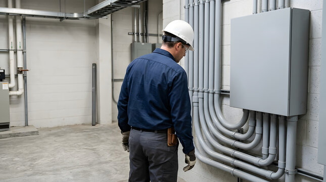 Electrician in a hard hat inspecting an electrical panel and conduits in a utility room. Professional technician checking building maintenance systems