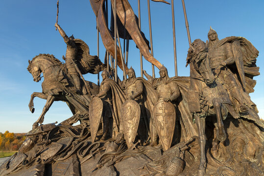 PSKOV REGION, RUSSIA - OCTOBER 19, 2024: Soldiers from the squad of Alexander Nevsky. A fragment of the monument in honor of the victory in the Ice Battle. Samolva, Pskov region