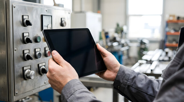 Close up of worker hands holding a blank tablet screen in front of an industrial control panel. Technician using digital device for machinery inspection in a factory