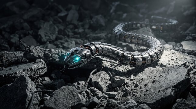 Robotic snake slithering through rubble, advanced automaton and survival.