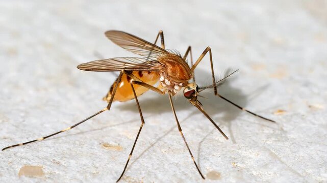 Macro tracking shot of mosquito probing and walking across pale textured surface close up