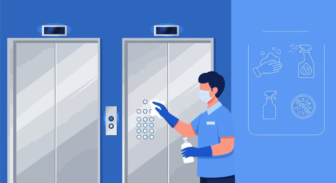 Man sanitizing elevator buttons with disinfectant spray and gloves, hygiene concept