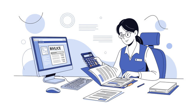 Medical Biller Working with Calculator and Documents at Desk
