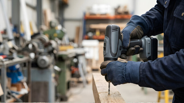 Close-up of worker hands in gloves using cordless drill on wood. Carpenter drilling hole in wooden plank in industrial workshop