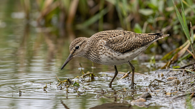 Small sandpiper bird standing in the shallow water of a green marshland