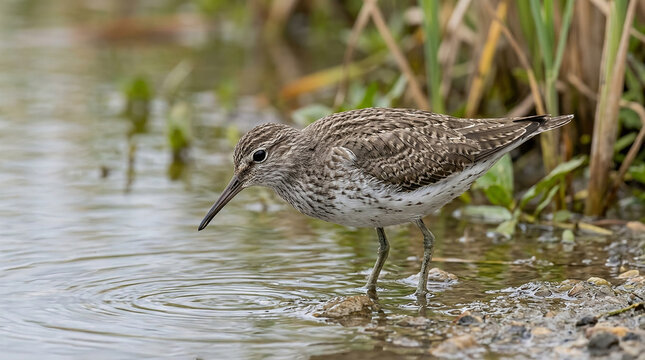 Small green sandpiper bird standing in shallow water near green plants in a natural wetland area