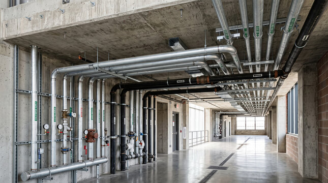 Modern commercial building interior with exposed plumbing