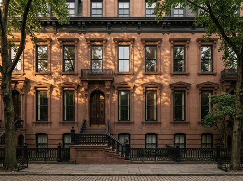Brownstone townhouse facade with central stoop and tree shadows