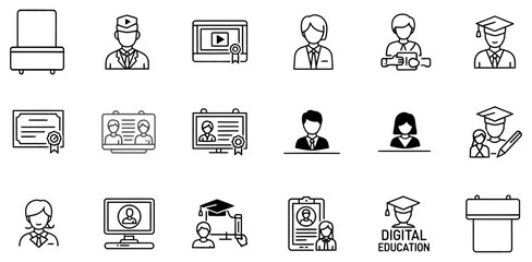 Fototapeta premium Online education and e-learning icons. Digital training and virtual classroom vector set.